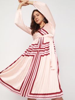 VERO MODA - Women Striped Pink Satin Tie-Up Dress