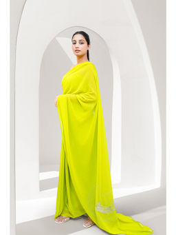 October - Lime Hand-Painted & Embroidered Georgette Saree – Jellyfish Delight