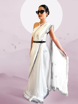 October - White Georgette Hand- Painted & Embroidered Saree - Paisley Print & more