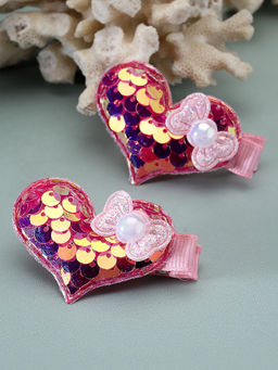 Stol'N - Heart Shaped Sequin Set of 2 Pieces Hair Clips-Dark Pink (3-12 Years)