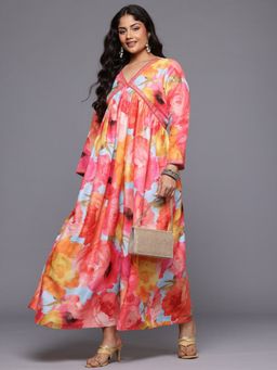 A plus by Ahalyaa - Floral Printed Ethnic Style-Long Sleeve V-Neck Maxi Dress (7XL/UK-28)