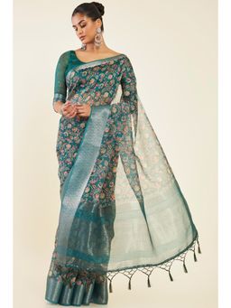 Soch - Women Teal Chanderi Printed Saree with Unstitched Blouse
