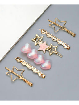 Yellow Bee - Celestial Charm Stars and Iridescent Hearts Hair Clip Set- Gold and Pink, Pack of 6