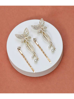 Yellow Bee - Rhinestone with Pearl Embellished Butterfly Hair Pin Set- Gold and White, Pack of 4