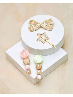 Yellow Bee - Radiant Pearl Bow and Glimmering Gold Hair Clip Set- Multicolor, Pack of 4