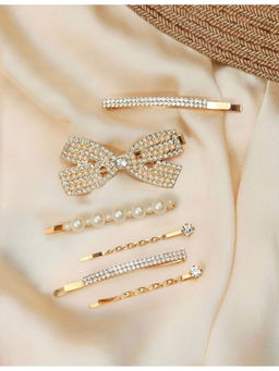 Yellow Bee - Sparkling Elegance: Rhinestone Bow and Pearl Hair Clip Set- Gold and White, Pack of 6