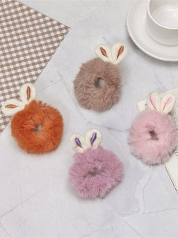 Yellow Bee - Charming Fuzzy Bunny Ear Scrunchies Set For Girls- Multicolor, Pack of 4