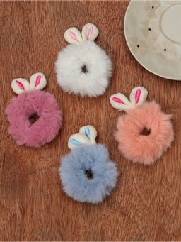 Yellow Bee - Assorted Fluffy Bunny Ear Hair Scrunchies Set for Girls- Multicolor, Pack of 4