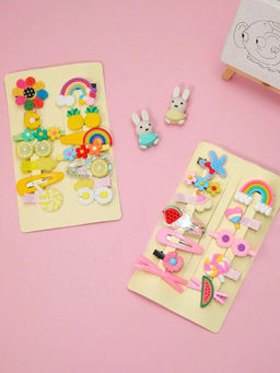 Yellow Bee - Rainbow, Fruits, Flowers and Heart Clips for Girls- Pink and Yellow, Pack of 2