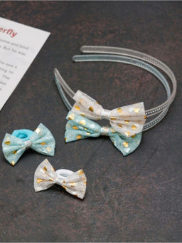 Yellow Bee - Sparkling Bow Hair Accessory Set with Matching Clips- Blue and White, Pack of 4