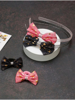 Yellow Bee - Glittering Pink and Black Bow Hair Accessories Set- Pink and Black, Pack of 4