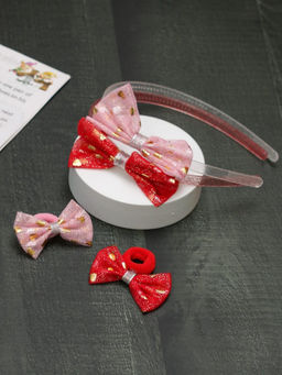 Yellow Bee - Red and Pink Sparkle Bow Hair Accessory Set- Pink and Red, Pack of 4