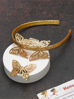 Yellow Bee - Golden Butterfly Embellished Hairband and Clip Set - Gold, Pack of 2