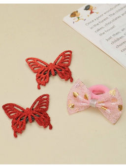 Yellow Bee - Charming Red Lace and Pink Glitter Bow Clips Set- Red and Pink, Pack of 3