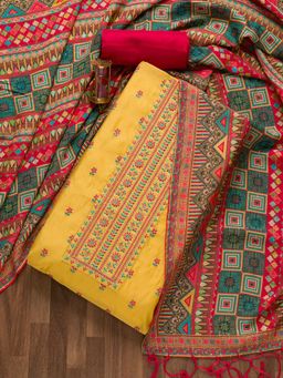 Koskii - Yellow Printed Chanderi Silk Semi-Stitched Salwar Suit