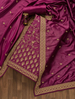 Koskii - Purple Zari Work Raw Silk Unstitched Salwar Suit (Set of Three)
