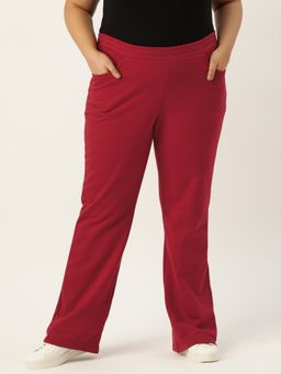 theRebelinme - Plus Size Women Maroon Solid Color Elastic Waist Winter Trousers