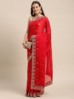 Vastranand - Red Woven Design Sequinned Saree with Unstitched Blouse