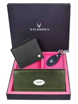 WILDHORN - Premium Leather Ladies Wallet, Mens Wallet and Keychain Gift -1K_GNC_2052BKCR_K (Set of 3)
