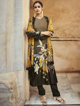 Stylee LIFESTYLE - Brown & Black Velvet Digital Floral Printed Dress Material (Set of 3)