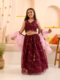 PSPeaches - Wine Organza Lehenga Choli (Set of 3)