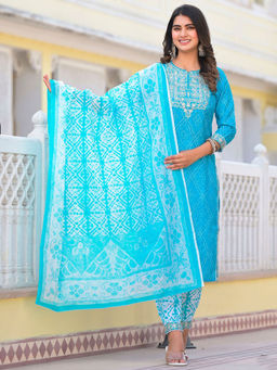 Odette - Blue Printed Cotton Stitched Kurta with Pant and Dupatta (Set of 3)