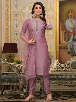 Odette - Purple Embroidered Cotton Silk Stitched Kurta with Pant and Dupatta (Set of 3)