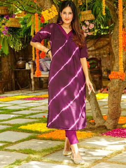 Odette - Purple Printed Muslin Stitched Kurta with Pant (Set of 2)
