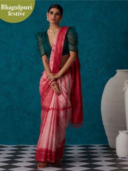 Likha - Pink Linen Tie & Dye Bhagalpuri Festive Zari Saree & Unstitched Blouse LIKSAR52 (Free Size)