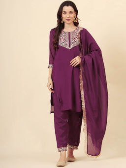 VAIRAGEE - Purple Coco Embroided Kurta with Pant and Dupatta (Set of 3)