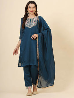 VAIRAGEE - Teal Coco Embroided Kurta with Pant and Dupatta (Set of 3)
