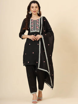 VAIRAGEE - Black Maaza Floral Embroided Kurta with Pant and Dupatta (Set of 3)