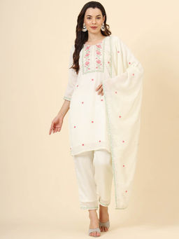 VAIRAGEE - White Maaza Floral Embroided Kurta with Pant and Dupatta (Set of 3)