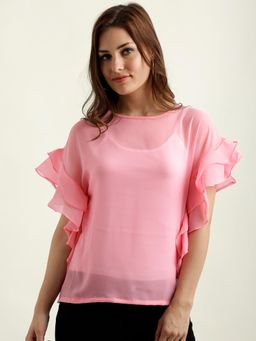 Miss Chase - Women's Pink Round Neck Half Sleeve Solid Layered Sheer Ruffled Top