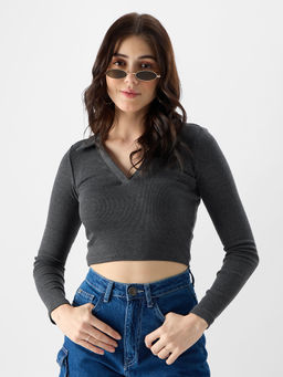 The Souled Store - Original Solids: Anthra Melange Women Polo T-Shirt