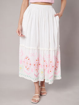 AMAGYAA - Women White Embroidered Midi Skirt