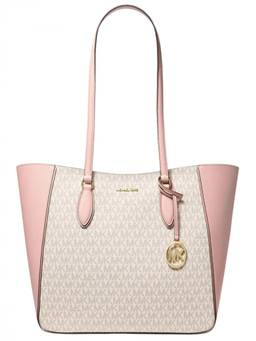 Michael Kors - White/Pink Jet Set Travel Top Zip Large Tote Bag