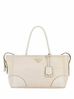 PRADA - Tan/Chalk White Logo Top Zip Large Tote Bag