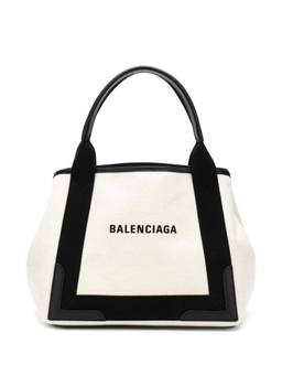 Balenciaga - White Navy Cabas Organic Cotton Small Tote Bag