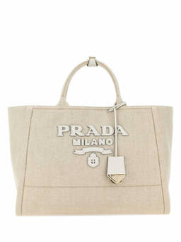 PRADA - Light Beige Logo Appliqu Large Tote Bag