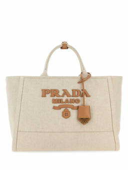 PRADA - Light Beige Logo Appliqu Large Tote Bag