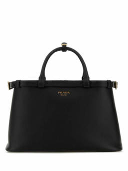 PRADA - Black Logo Plaque Leather Tote Bag