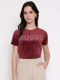 Guess - Women Red Embellished Crew Neck Crop T-Shirt