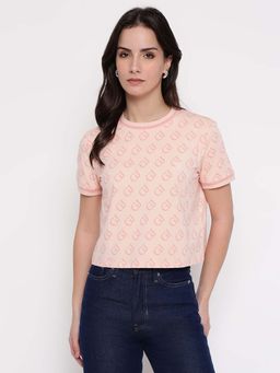 Guess - Women Pink Typography Crew Neck Crop T-Shirt