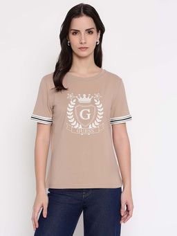 Guess - Women Beige Embroidered Crew Neck T-Shirt