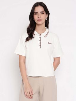 Guess - Women White Solid Crop Polo T-Shirt