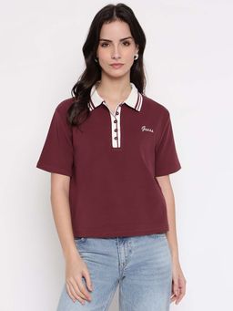 Guess - Women Maroon Solid Crop Polo T-Shirt