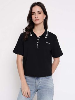 Guess - Women Black Solid Crop Polo T-Shirt