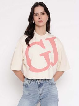Guess - Women Beige Typography Crew Neck Crop T-Shirt