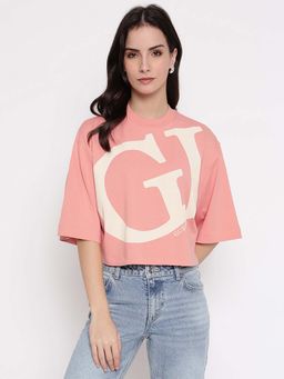 Guess - Women Pink Typography Crew Neck Crop T-Shirt